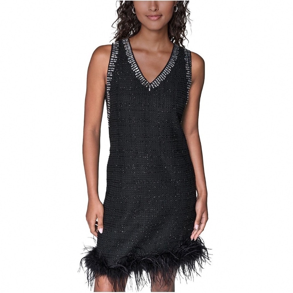 Karl Lagerfeld Paris Black Shimmer Tweed Feather Trim Shift‎ Dress Size 4 NEW